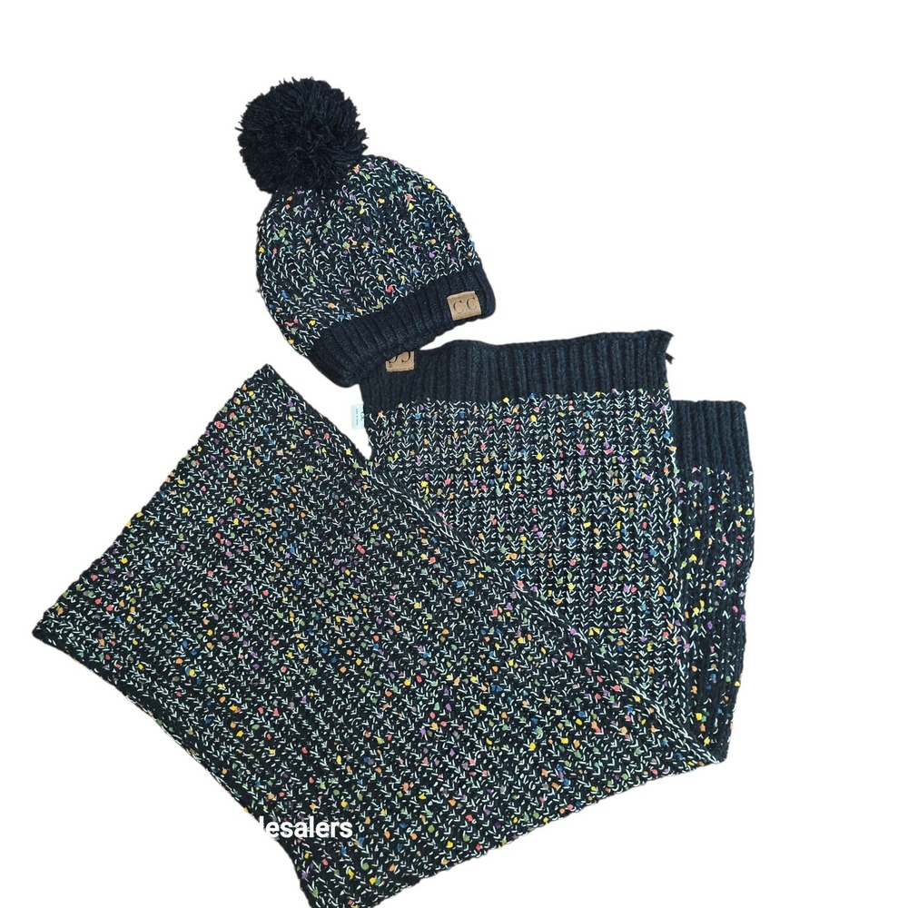CC Beanie Scarf Set Black Multi Color Confetti Knit Pom Beanie Scarf 2 Piece Set